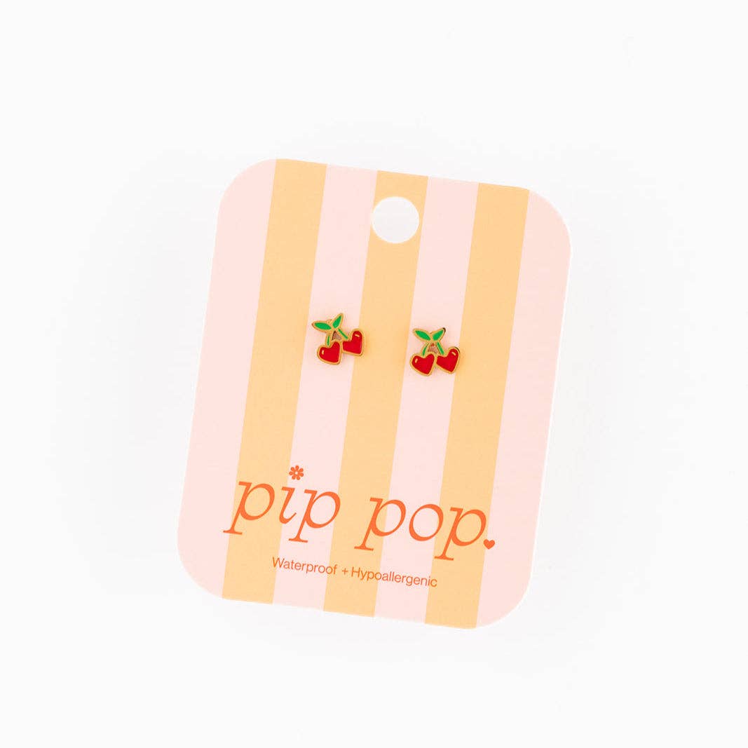 Cherries Stud Earring - Hypoallergenic, Flat Back, Girl Gift