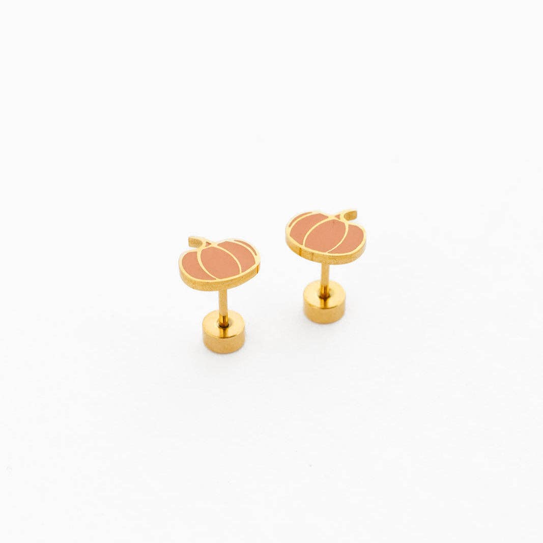 Pumpkin Stud Earrings - Hypoallergenic, Flat Back, Girl Gift