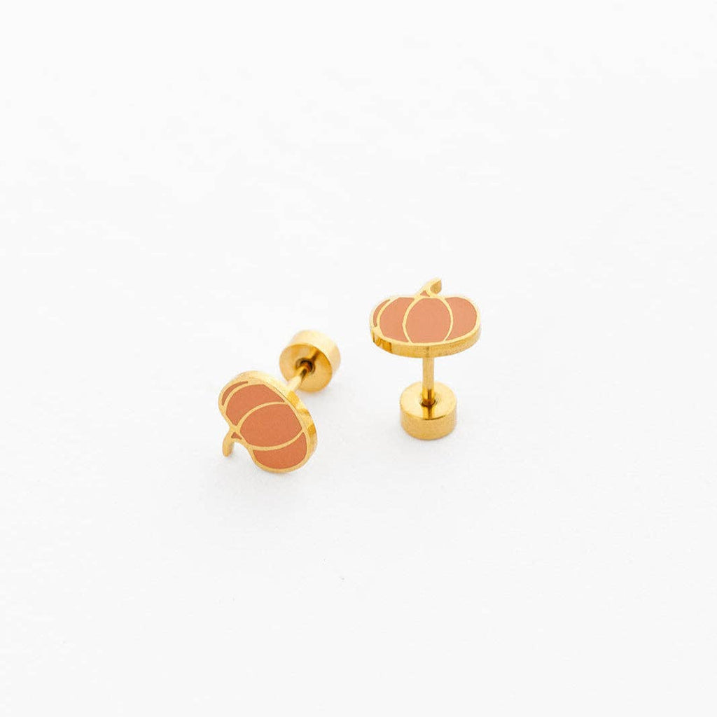 Pumpkin Stud Earrings - Hypoallergenic, Flat Back, Girl Gift