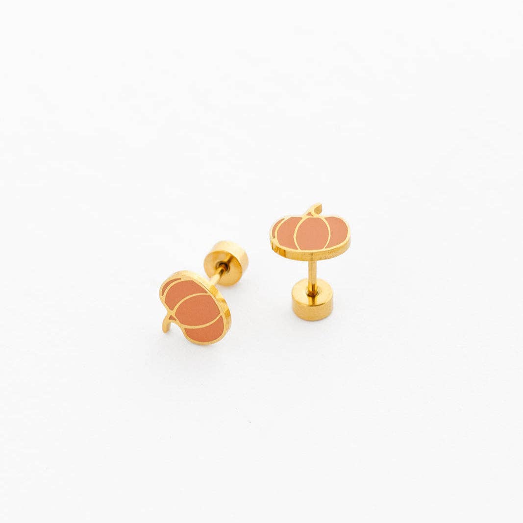 Pumpkin Stud Earrings - Hypoallergenic, Flat Back, Girl Gift
