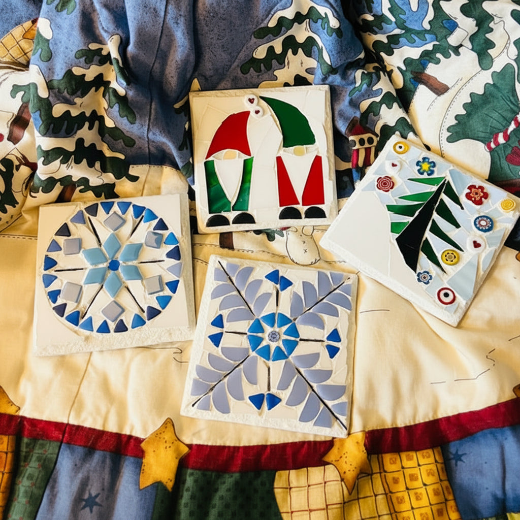 Four square ceramic mosaic tiles with Christmas-themed designs, including gnomes, a snowflake, a tree, and a geometric pattern, arranged on a quilted fabric background.