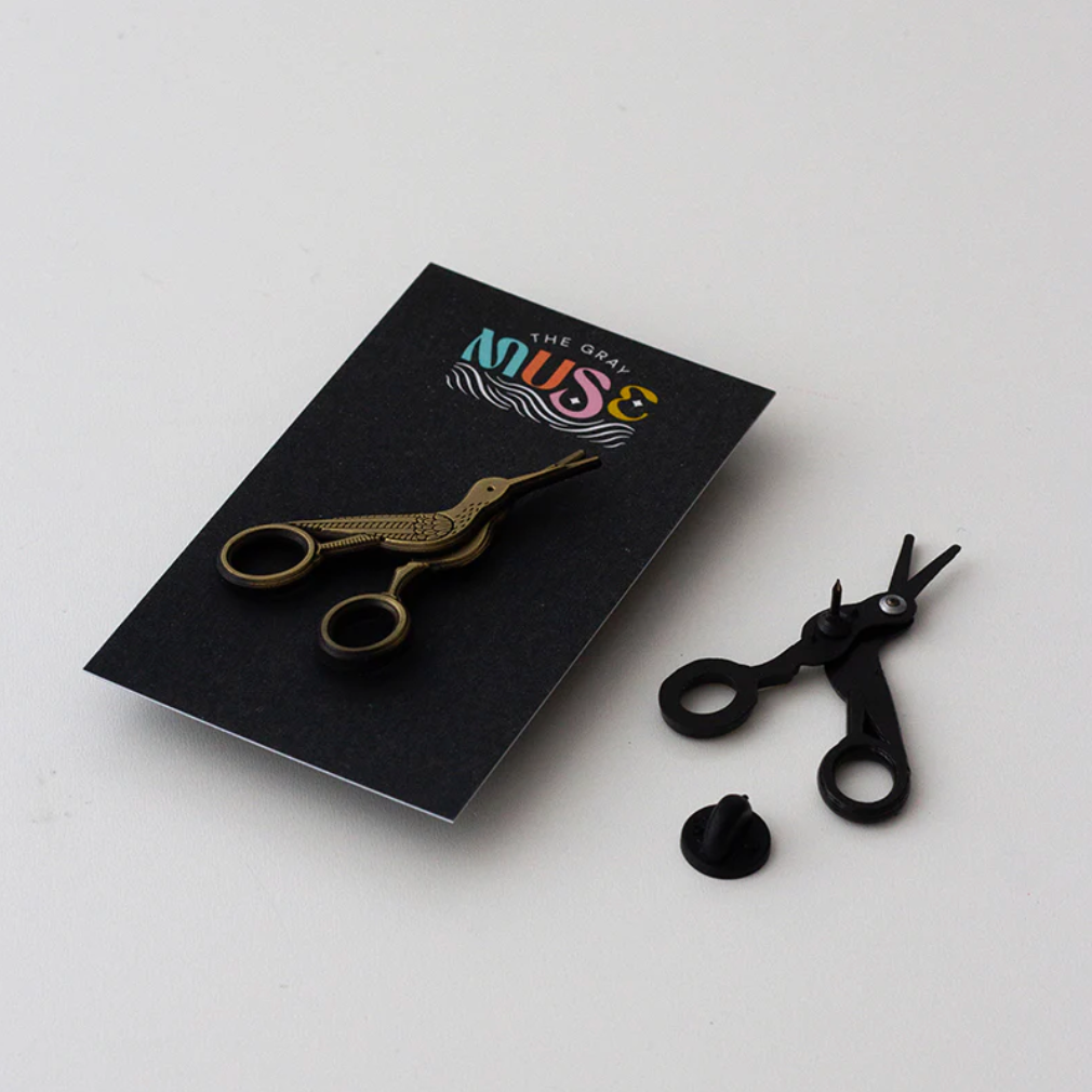 Embroidery Crane Interactive Scissors Enamel Pin