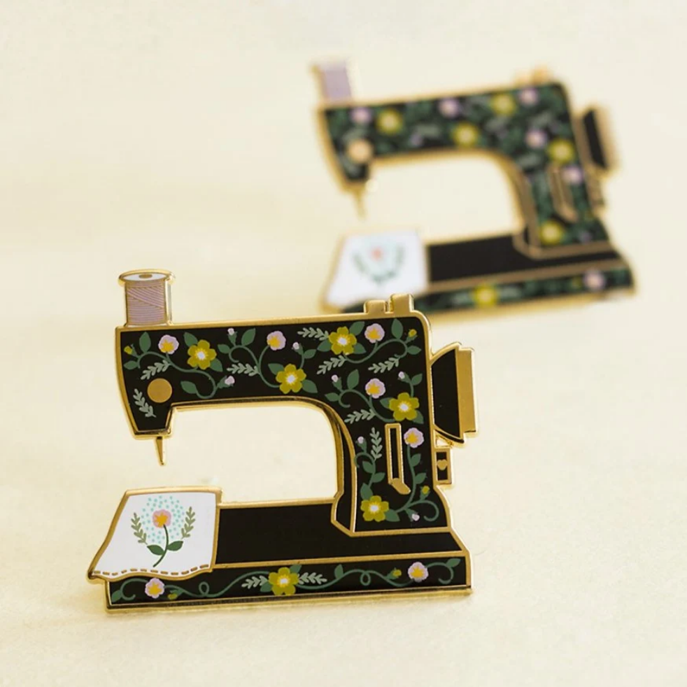 Sewing Machine Interactive Enamel Pin Black