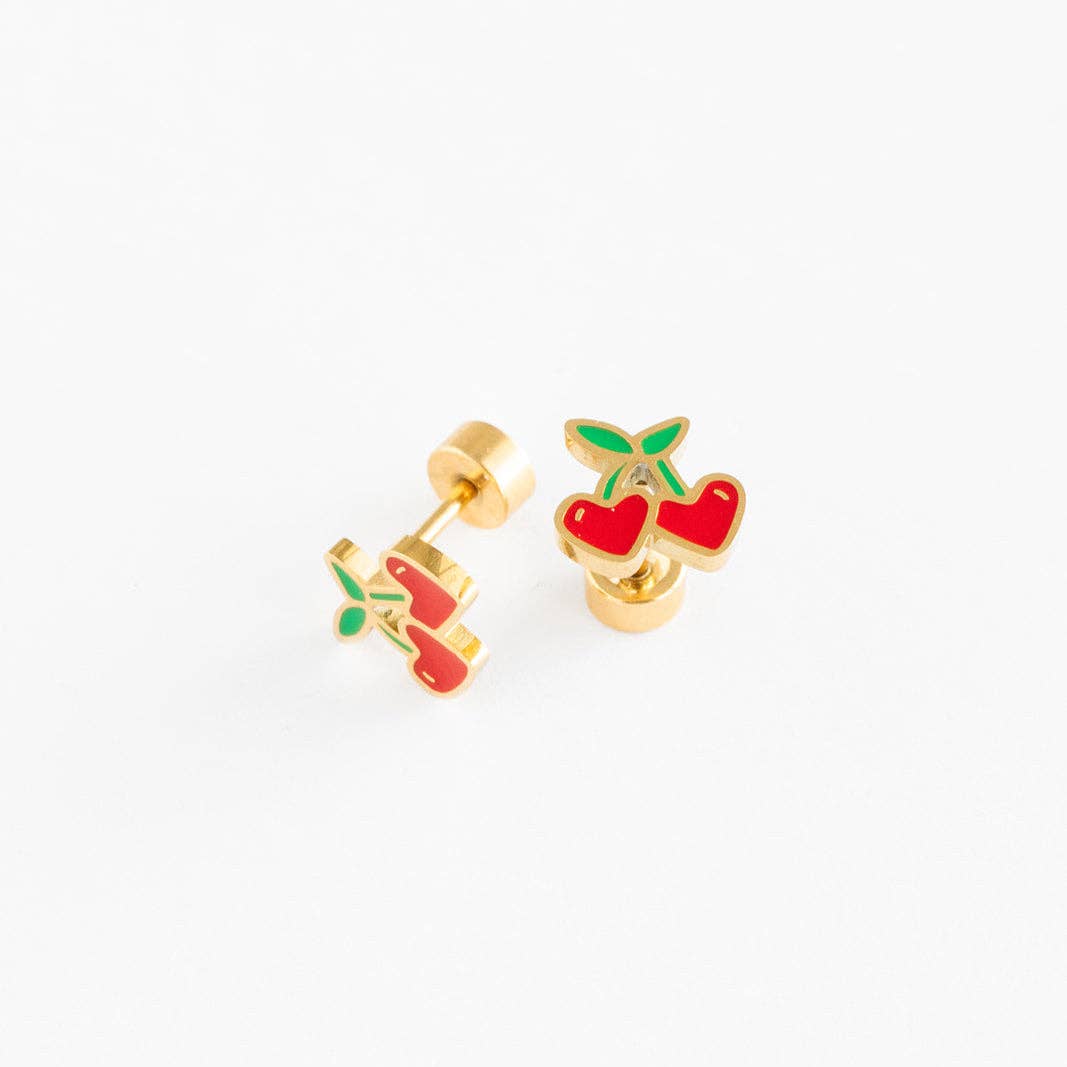 Cherries Stud Earring - Hypoallergenic, Flat Back, Girl Gift