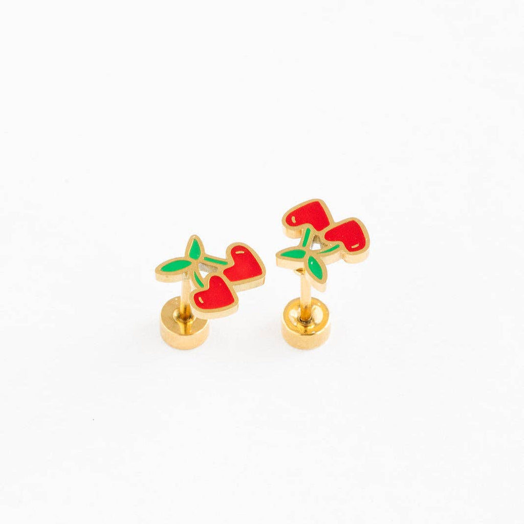 Cherries Stud Earring - Hypoallergenic, Flat Back, Girl Gift