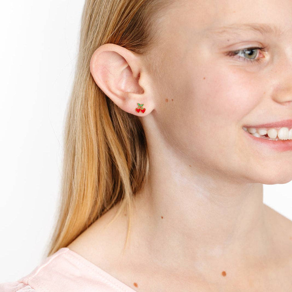 Cherries Stud Earring - Hypoallergenic, Flat Back, Girl Gift