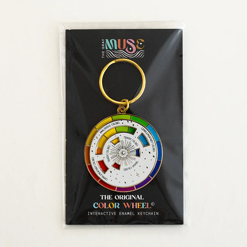 The Original Color Wheel© Interactive Spinner Enamel Keychain (White/Gold)